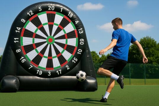 Fußball Darts bringt Bewegung in Veranstaltungen. Wie das Riesenspiel funktioniert, warum es alle Generationen begeistert. (Bild: Open AI)