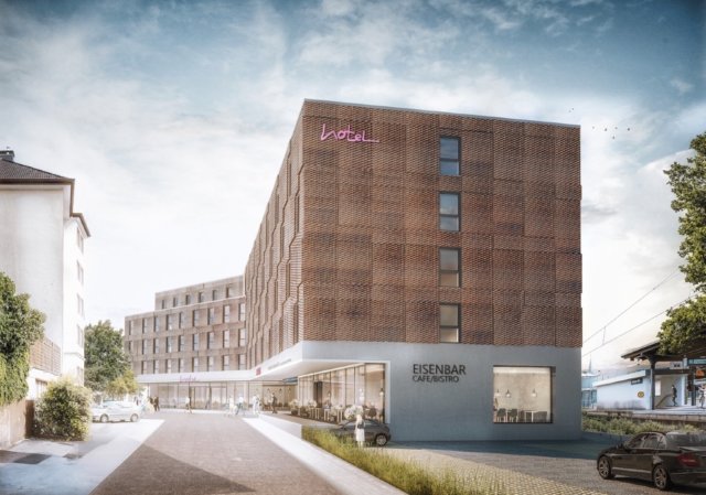 So soll der fünfgeschossige Hotelneubau aussehen. Die Eröffnung des neuen Hotels am Hauptbahnhof ist für das zweite Quartal 2021 vorgesehen. (Bild: © Hotel Solingen GmbH)