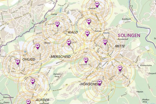 Feste Sirenen stehen in Solingen an 19 Standorten. Zudem verfügt die Stadt über zwei mobile Einheiten. (Karte: © Stadt Solingen)