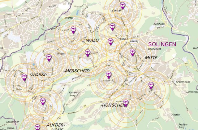 Feste Sirenen stehen in Solingen an 19 Standorten. Zudem verfügt die Stadt über zwei mobile Einheiten. (Karte: © Stadt Solingen)