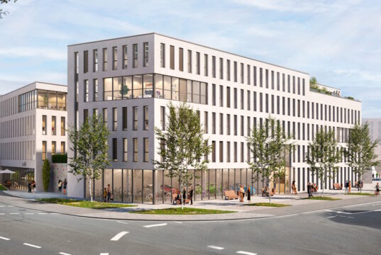 Rund 24 Millionen Euro will die Firma Kondor Wessels investieren, um das Omega-Gelände zu entwickeln. Dort sollen zwei moderne Gebäude mit Büro- und Einzelhandelsflächen sowie eine Kita entstehen. (Bild: © Kondor Wessels/HMG 3D Render Studio)