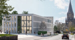 Rund 24 Millionen Euro will die Firma Kondor Wessels investieren, um das Omega-Gelände zu entwickeln. Dort sollen zwei moderne Gebäude mit Büro- und Einzelhandelsflächen sowie eine Kita entstehen. (Bild: © Kondor Wessels/HMG 3D Render Studio)