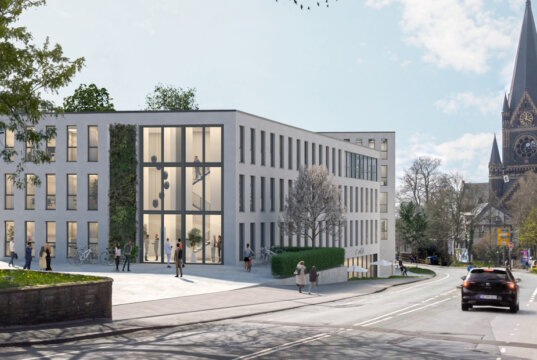 Rund 24 Millionen Euro will die Firma Kondor Wessels investieren, um das Omega-Gelände zu entwickeln. Dort sollen zwei moderne Gebäude mit Büro- und Einzelhandelsflächen sowie eine Kita entstehen. (Bild: © Kondor Wessels/HMG 3D Render Studio)
