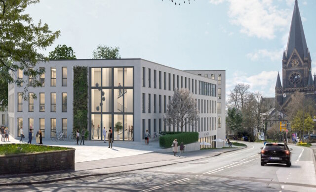Rund 24 Millionen Euro will die Firma Kondor Wessels investieren, um das Omega-Gelände zu entwickeln. Dort sollen zwei moderne Gebäude mit Büro- und Einzelhandelsflächen sowie eine Kita entstehen. (Bild: © Kondor Wessels/HMG 3D Render Studio)