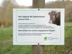 Am Börkhauser Bach sind nun einige Trampelpfade gesperrt worden. Schilder weisen darauf hin. Sie zeigen eine Kuh mit dem Ausspruch: "Hier beginnt meine Salatschüssel". (Foto: © Stadt Solingen)