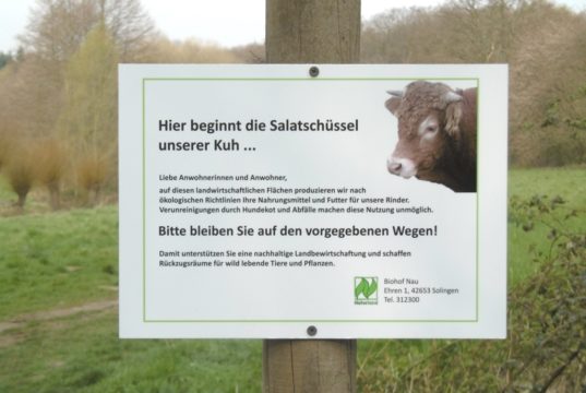 Am Börkhauser Bach sind nun einige Trampelpfade gesperrt worden. Schilder weisen darauf hin. Sie zeigen eine Kuh mit dem Ausspruch: "Hier beginnt meine Salatschüssel". (Foto: © Stadt Solingen)