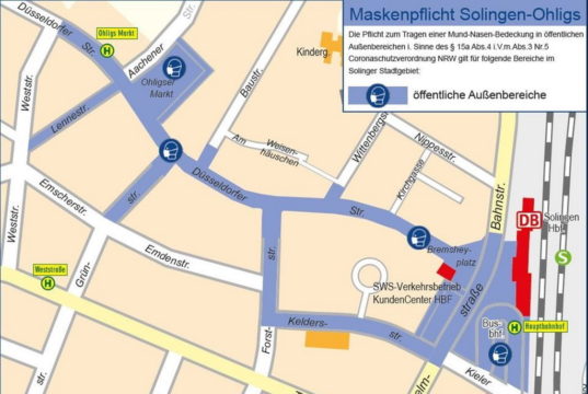 Auch im Ohligser Stadtkern wurde die Maskenpflicht ausgeweitet. Die Stadtverwaltung hat aktualisiertes Kartenmaterial veröffentlicht. (Karte: © Stadt Solingen)