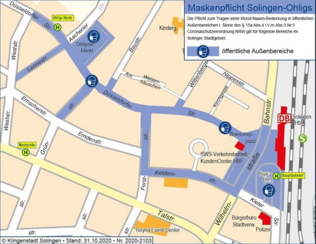 Auch im Ohligser Stadtkern wurde die Maskenpflicht ausgeweitet. Die Stadtverwaltung hat aktualisiertes Kartenmaterial veröffentlicht. (Karte: © Stadt Solingen)