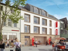 Nach Ostern 2021 wird die neue Sparkassen-Filiale am alten Globus-Standort in Ohligs eröffnen und mit ihr ein Markt von REWE Rahmati. (Bild: © Stadt-Sparkasse Solingen)