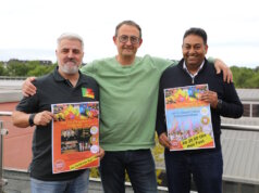 Freuen sich auf das Trio-Pfingstfest am kommenden Sonntag im Südpark: v.li. José Salgado de Freitas (Portugiesischer Verein Solingen), Peter-Paul Delows (Helfende Schirme Solingen) und Baljindar Singh (Restaurant Stückgut). (Foto: © Bastian Glumm)