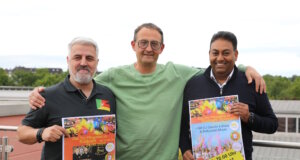 Freuen sich auf das Trio-Pfingstfest am kommenden Sonntag im Südpark: v.li. José Salgado de Freitas (Portugiesischer Verein Solingen), Peter-Paul Delows (Helfende Schirme Solingen) und Baljindar Singh (Restaurant Stückgut). (Foto: © Bastian Glumm)
