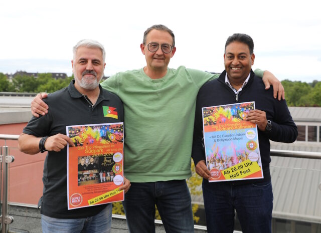 portugiesischer-verein-helfende-schirme-pfingsten Freuen sich auf das Trio-Pfingstfest am kommenden Sonntag im Südpark: v.li. José Salgado de Freitas (Portugiesischer Verein Solingen), Peter-Paul Delows (Helfende Schirme Solingen) und Baljindar Singh (Restaurant Stückgut). (Foto: © Bastian Glumm)