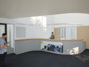 Visualisierung des geplanten neuen Empfangsbereichs im Solinger Rathaus mit offener Ansprechzone, klarer Wegeführung und integrierten Informationsflächen. (Bild: © Stadt Solingen)