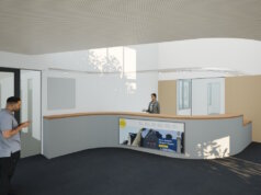 Visualisierung des geplanten neuen Empfangsbereichs im Solinger Rathaus mit offener Ansprechzone, klarer Wegeführung und integrierten Informationsflächen. (Bild: © Stadt Solingen)