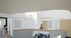 Visualisierung des geplanten neuen Empfangsbereichs im Solinger Rathaus mit offener Ansprechzone, klarer Wegeführung und integrierten Informationsflächen. (Bild: © Stadt Solingen)