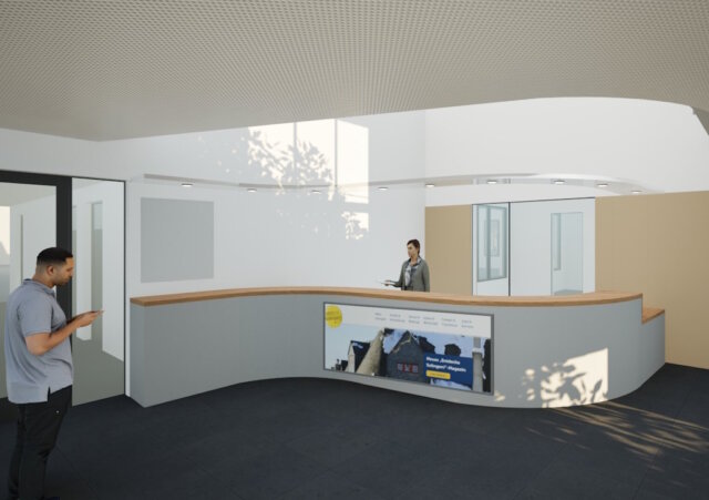 Visualisierung des geplanten neuen Empfangsbereichs im Solinger Rathaus mit offener Ansprechzone, klarer Wegeführung und integrierten Informationsflächen. (Bild: © Stadt Solingen)