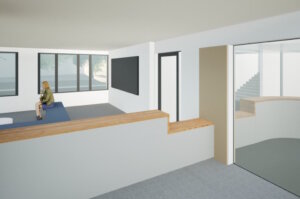 Visualisierung der geplanten Wartezone im Eingangsbereich des Solinger Rathauses mit Sitzbereich für Besucherinnen und Besucher. (Bild: © Stadt Solingen)