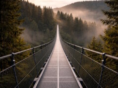 Symbolbild: Diese KI-Visualisierung veranschaulicht beispielhaft, wie eine mögliche Hängebrücke bei Schloss Burg aussehen könnte. Das Bild dient ausschließlich der Illustration und ist nicht maßstabsgetreu. (Bild: Open AI)