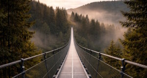 Symbolbild: Diese KI-Visualisierung veranschaulicht beispielhaft, wie eine mögliche Hängebrücke bei Schloss Burg aussehen könnte. Das Bild dient ausschließlich der Illustration und ist nicht maßstabsgetreu. (Bild: Open AI)