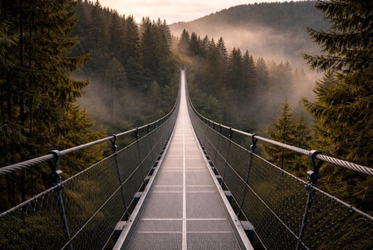 Symbolbild: Diese KI-Visualisierung veranschaulicht beispielhaft, wie eine mögliche Hängebrücke bei Schloss Burg aussehen könnte. Das Bild dient ausschließlich der Illustration und ist nicht maßstabsgetreu. (Bild: Open AI)