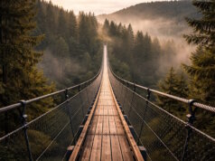 Symbolbild: Diese KI-Visualisierung veranschaulicht beispielhaft, wie eine mögliche Hängebrücke bei Schloss Burg aussehen könnte. Das Bild dient ausschließlich der Illustration und ist nicht maßstabsgetreu. (Bild: Open AI)