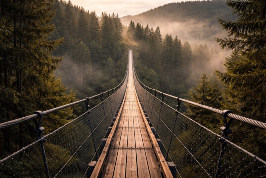 Symbolbild: Diese KI-Visualisierung veranschaulicht beispielhaft, wie eine mögliche Hängebrücke bei Schloss Burg aussehen könnte. Das Bild dient ausschließlich der Illustration und ist nicht maßstabsgetreu. (Bild: Open AI)