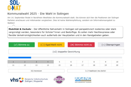Der "Sol-O-Mat" zur Kommunalwahl 2025 ist online. Das Tool soll jungen Wählern in Solingen helfen, politische Positionen zu vergleichen. (Screenshot: sol-o-mat.de)