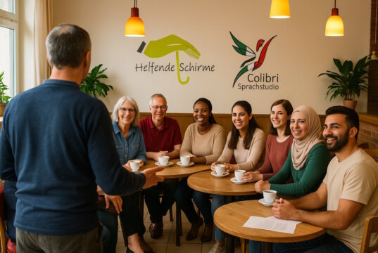 10 травня в Золінгені розпочинає свою роботу нове мовне кафе – відкрита безкоштовна пропозиція для людей, які нещодавно приїхали до Німеччини. (Bild: Open AI)