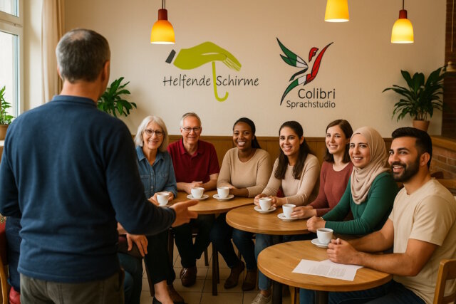 sprachcafe-helfende-schirme-colibri-sprachstudio 10 травня в Золінгені розпочинає свою роботу нове мовне кафе – відкрита безкоштовна пропозиція для людей, які нещодавно приїхали до Німеччини. (Bild: Open AI)