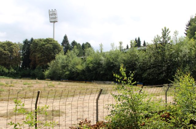 Das Stadion am Hermann-Löns-Weg stirbt einen sehr langsamen Tod. Längst sind die Stehränge so dicht bewachsen, dass das Stadion nur noch schwer als solches zu erkennen ist. Man wartet auf die Abrissbagger. (Foto: © B. Glumm)