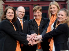 „Gemeinsam aus der Krise“ heißt das Motto bei der Volksbank-Aktion für Vereine. Ansprechpartner für die Vereine ist das Team Unternehmenskommunikation: v.l.: Kristina Hellwig, Markus Kottsieper, Britta Gawens, Jana Krane und Katharina Palmer. (Foto: © Volksbank / Bettina Osswald)