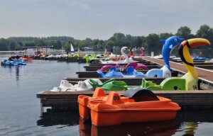 Bunte Tretboote am Unterbacher See – vom Schwan bis zum Delfin ist für jeden Spaß auf dem Wasser gesorgt. (Foto: © Miriam Köppchen)