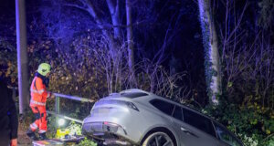 Aus ungeklärter Ursache kam ein Fahrzeug auf der Bonner Straße von der Fahrbahn ab und stürzte die Böschung hinab. Der Fahrer wurde verletzt. (Foto: © Tim Oelbermann)