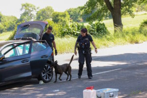 Die Polizei setzte auf der Neuenkamper Straße Spürhunde ein. (Foto: © Tim Oelbermann)