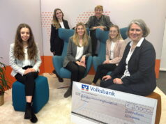 Mit einem Energiebonus möchte die Volksbank im Bergischen Land die Vereine und gemeinnützigen Institutionen in ihrer Kundschaft unterstützen. Insgesamt sind 25.000 Euro im Topf. Ansprechpartner für die Vereine ist das Team Unternehmenskommunikation: v.li. Laura Jähn, Mia Schlemmer, Jana Morawetz, Britta Gawens, Linda Simon und Kristina Hellwig. (Foto: @ Volksbank im Bergischen Land)
