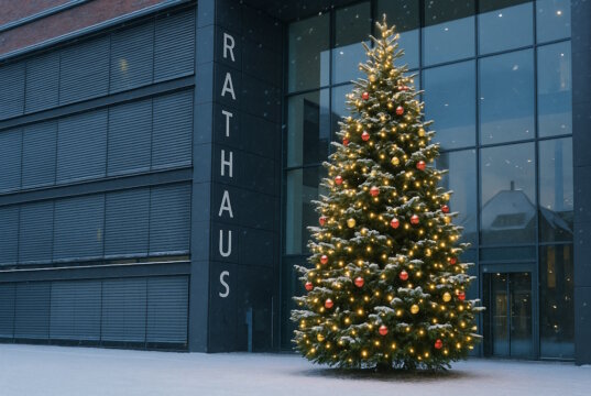 Wir haben die KI bemüht, wie das Solinger Rathaus mit einem Weihnachtsbaum aussehen könnte. Der neue Oberbürgermeister Daniel Flemm (CDU) bestätigte jetzt im Gespräch mit dem SolingenMagazin, einen Baum zur Advents- und Weihnachtszeit aufstellen zu wollen. (Bild: Open AI)