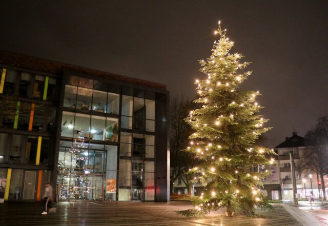 Ein elf Meter hoher Weihnachtsbaum schmückt jetzt den Walter-Scheel-Platz . Die Nordmanntanne aus dem Solinger Forst ersetzt den umstrittenen Stahlkranz. (Foto: © Bastian Glumm)